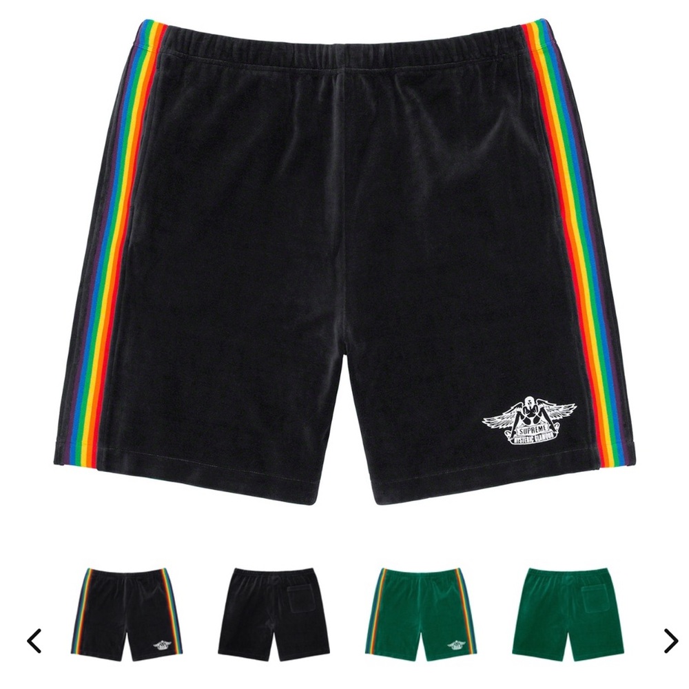Hysteric Glamour X Supreme Black Velour Shorts with Rainbow Stripes